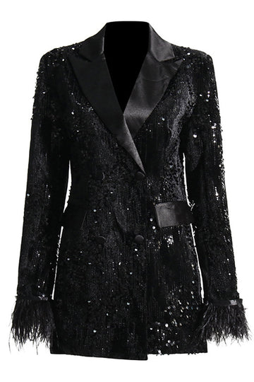 Sparkly Black Peak Lapel Sequins Women Blazer med fjær